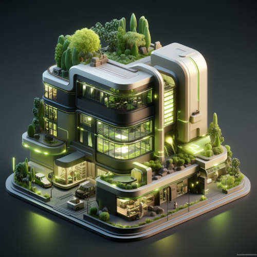 minimalistic | isometric Blender 3D model | green and light yellow headquarters | MMORPG structure | sculpted details | dark background --style raw