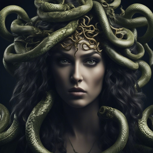 "Bad hair day" a poster portrait of Medusa with an angry face, hissing snakes, intricate design, cinematic, photo, 3d render, poster, dark fantasy, typography, conceptual art