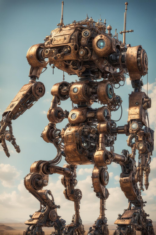 A JustforFun creation. An ((extremely complex and advanced mechanized walker:1.6)), steampunk look, (spinning gears and cogs:1.3)  intricate details, Cinematic, Colorful, Wide Angle, Field of View, Technicolor, 5D, Megapixel, Marquee, Natural Lighting, Shaders,