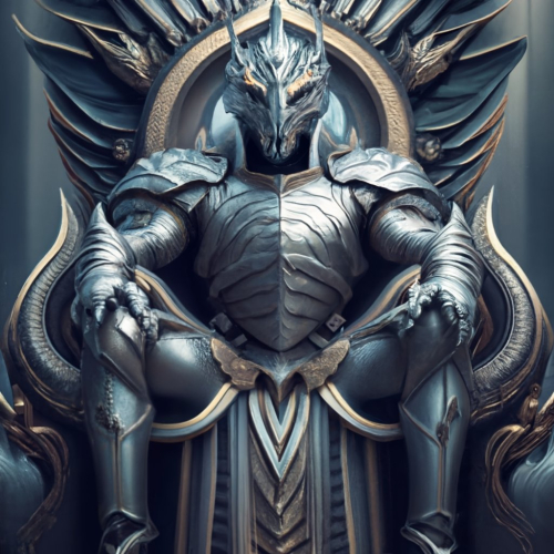 Lord sitting on a dragon throne in silver royal armor, 3d render, dark fantasy, anime