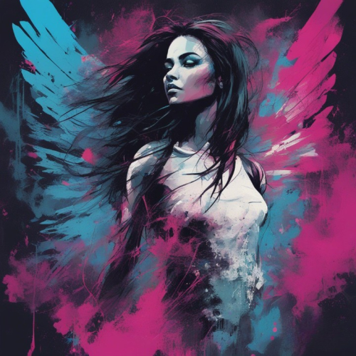 Vector t-shirt design ultra realistic poster of a black pale female Angel with long straight dark hair, full body walking in the magenta matrix,the prominent graffiti text "87" written on the bottom of the poster ,piercing blue eyes , by Daniel Castan :: Carne Griffiths :: Andreas Lie :: Russ Mills :: Leonid Afremov, black background, ,painting ,, architecture, anime, poster, photo, cinematic, graffiti, vibrant, dark fantasy, fashion, product, 3d render, typography, painting, illustration