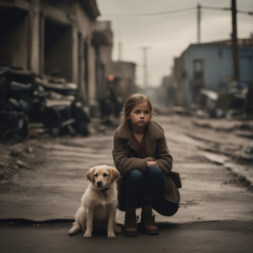 A child sitting on a sidewalk with a dog on her lap, in an apocalyptic war environment