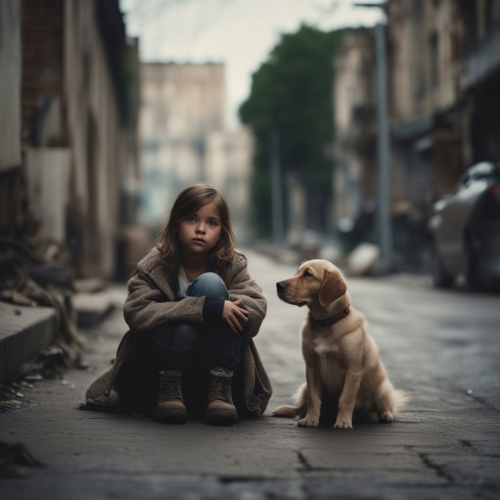 A child sitting on a sidewalk with a dog on her lap, in an apocalyptic war environment