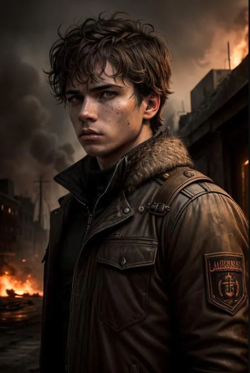 a photo of [character], solo, in frame, somber, apocalyptic city, dark theme, extremely detailed eyes, detailed symmetric realistic face extremely detailed natural skin texture, peach fuzz, messy hair, masterpiece, absurdres, artillery fire in the background, award winning