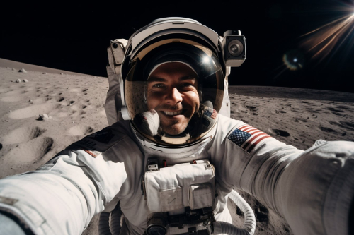 Selfie POV, astronaut taking selfie on the moon's surface, Cinematic, ultra-realistic, high contrast, high resolution, 8K, OLED