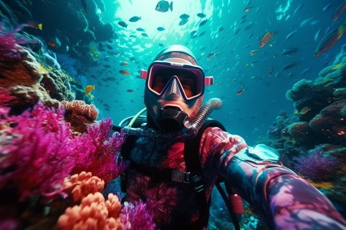 Selfie POV, scuba diver taking a selfie amidst a vibrant coral reef, Cinematic, ultra-realistic, high contrast, high resolution, 8K, OLED