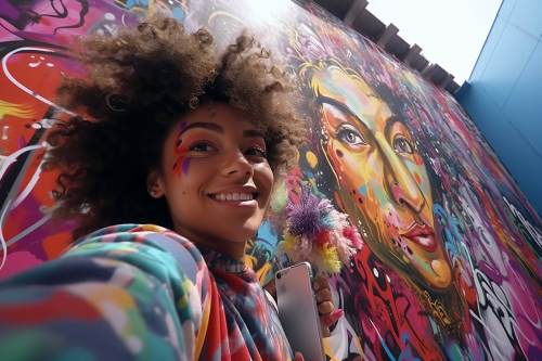 Selfie POV, graffiti artist taking a selfie with a vibrant mural on an urban skyscraper, Cinematic, ultra-realistic, high contrast, high resolution, 8K, OLED