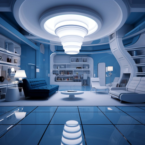interior design in the style of Stanley Kubrick, white and blue