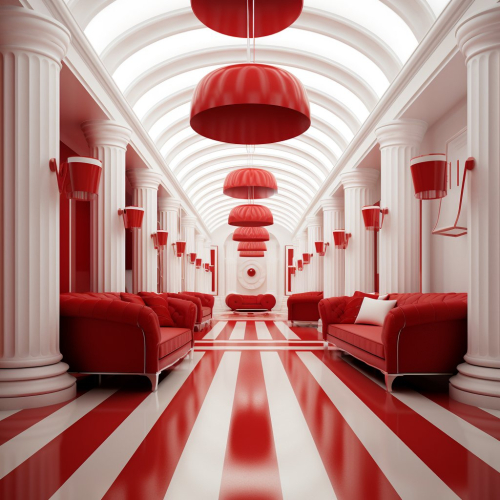 interior design in the style of Stanley Kubrick , white and red