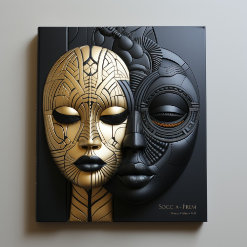 traditional african art, paperback book includes two drawings of faces in black and white, in the style of lithograph, flowing draperies, organic biomorphic forms, dark silver and dark blue --s 750