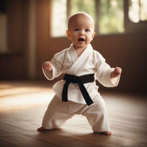 Photo of a cute bald baby doing karate. --style raw