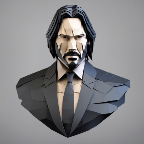 john wick photograph is origami art , 3D render, enlarge , clear face
