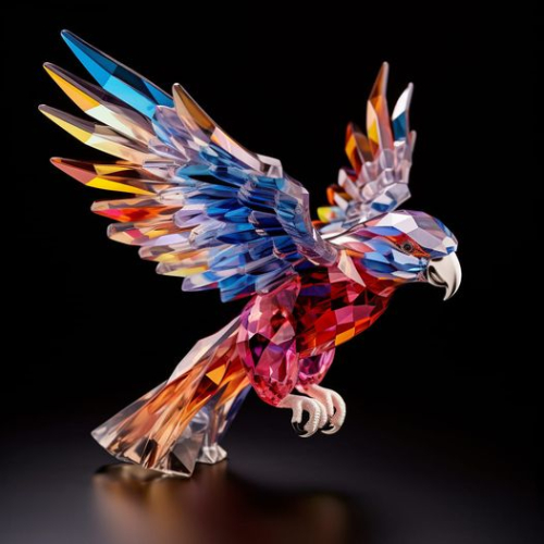 Brilliantly multicoloured flying parrot made of crystal