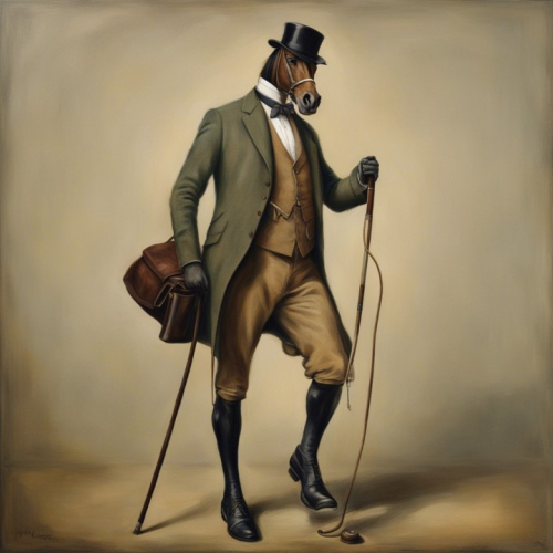 Painting of a gentlemanly horse wearing a tweed suit and polished shoes, carrying a cane. --style raw