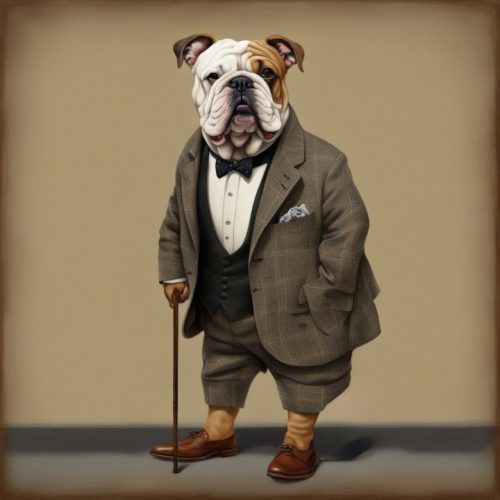 Painting of a gentlemanly bulldog wearing a tweed suit and polished shoes, carrying a cane. --style raw