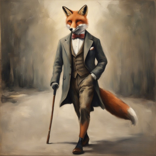 Painting of a gentlemanly fox wearing a tweed suit and polished shoes, carrying a cane. --style raw