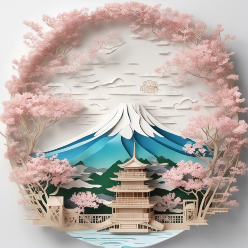 3D rendered, Thomas Kinkade style, multi-dimensional paper kirigami craft, paper illustration, Japan Mount Fuji illustration on white background, looking down from the air, Sakura Kingdom, above super wide angle, dreamy & romantic, trending on Artstation, colorful vanilla oil --ar 9:16 --s 250 --v 5.2
