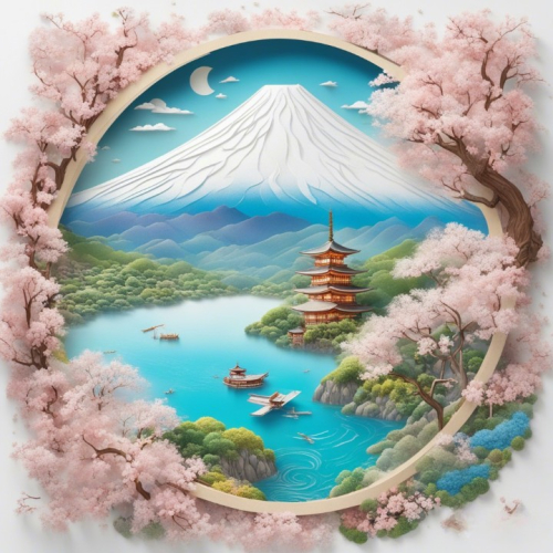 3D rendered, Thomas Kinkade style, multi-dimensional paper kirigami craft, paper illustration, Japan Mount Fuji illustration on white background, looking down from the air, Sakura Kingdom, above super wide angle, dreamy & romantic, trending on Artstation, colorful vanilla oil --ar 9:16 --s 250 --v 5.2