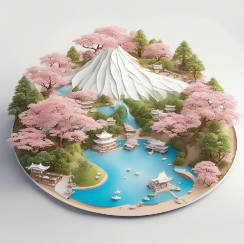 3D rendered, Thomas Kinkade style, multi-dimensional paper kirigami craft, paper illustration, Japan Mount Fuji illustration on white background, looking down from the air, Sakura Kingdom, above super wide angle, dreamy & romantic, trending on Artstation, colorful vanilla oil --ar 9:16 --s 250 --v 5.2