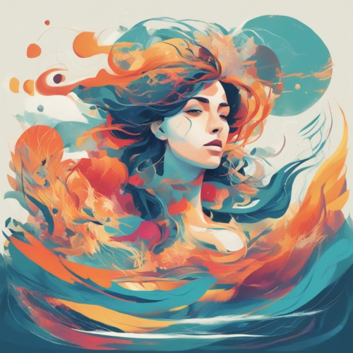 Woman, in the style of water and land fusion, colorful layered forms, environmental, letterboxing, use of bright colors, rounded, simplified colors --ar 59:64 --v 5.2