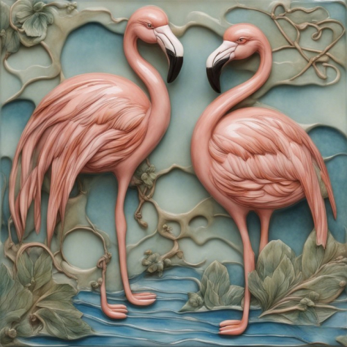 artwork depicts two flamingos, in the style of quito school, jody bergsma, faience technique, made of glass