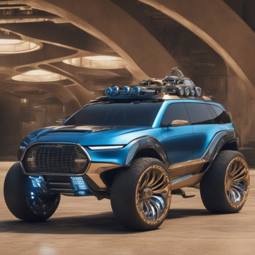 a blue suv that has a number of large wheels, in the style of cybermysticsteampunk, vintage aesthetics, dark beige and light amber, eye-catching, unpolished