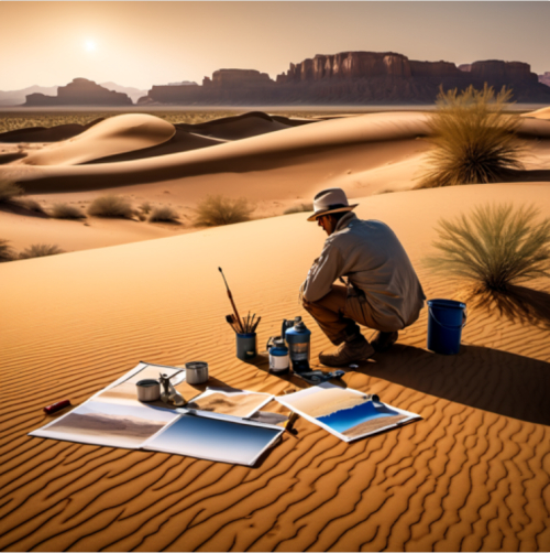 A painter in a vast desert, eyes mirroring the arid landscape, portrait, Pentax K-1 Mark II, f/2.8, ISO 400, 1/125 sec, desert artist, sandy tones, --ar 1:1 --v 5.2 --style raw