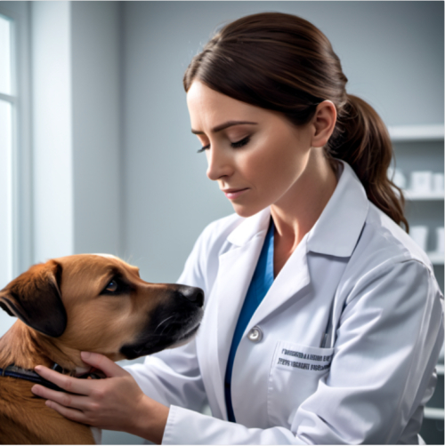 A veterinarian soothing an anxious pet, eyes comforting with care, portrait, Sony Alpha A7R IV, f/2.8, ISO 400, 1/125 sec, pet care, soothing atmosphere, --ar 1:1 --v 5.2 --style raw