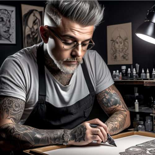 A tattoo artist creating a masterpiece, eyes etching life stories, portrait, Nikon D850, f/1.8, ISO 320, 1/160 sec, ink storyteller, studio ambiance, --ar 1:1 --v 5.2 --style raw