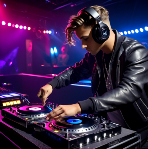 A DJ mixing tracks at a nightclub, eyes syncing with the beat, portrait, Hasselblad X1D II 50C, f/1.8, ISO 400, 1/125 sec, nightlife vibes, vibrant stage lighting, --ar 1:1 --v 5.2 --style raw