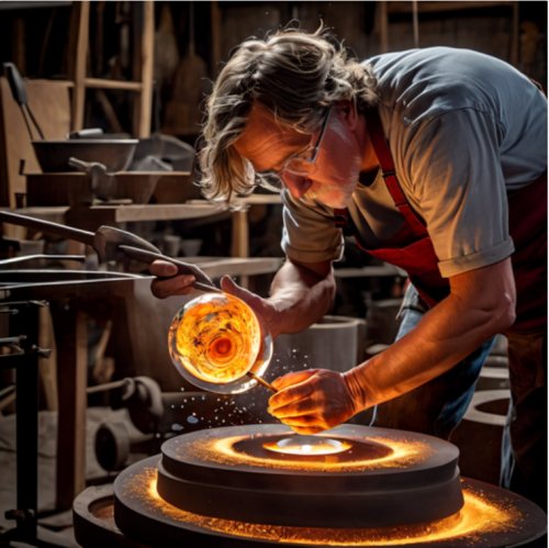 A glassblower shaping molten glass, eyes shaping the art of glass, portrait, Canon EOS 5D Mark IV, f/2.8, ISO 400, 1/60 sec, glass artisan, fiery craftsmanship, --ar 1:1 --v 5.2 --style raw
