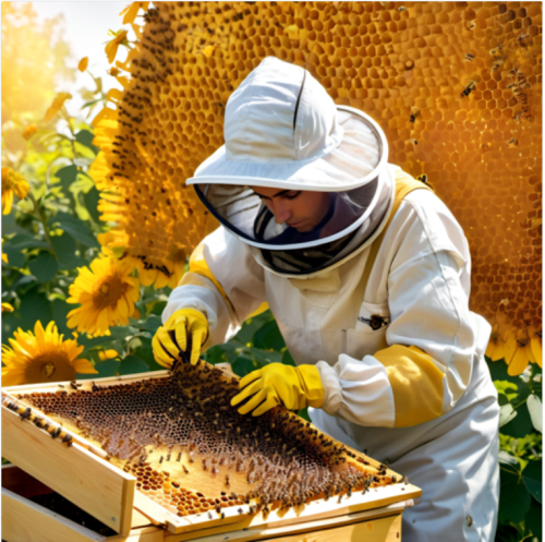 A beekeeper tending to a hive, eyes attuned to the hive's harmony, portrait, Leica M10-R, f/2.8, ISO 400, 1/125 sec, apiary guardian, golden hues, --ar 1:1 --v 5.2 --style raw