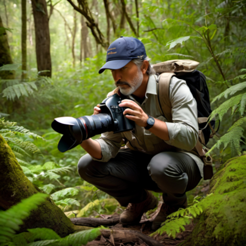 A wildlife photographer capturing a rare moment, eyes chasing the shot, portrait, Panasonic Lumix S1R, f/2.8, ISO 400, 1/200 sec, nature enthusiast, natural habitat, --ar 1:1 --v 5.2 --style raw