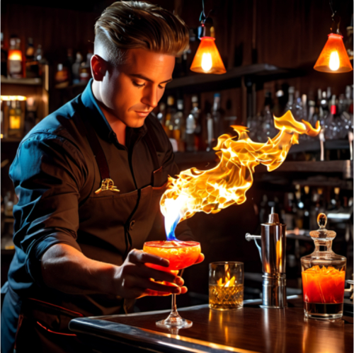 A bartender crafting a flaming cocktail, eyes dancing with fire, portrait, Olympus PEN-F, f/1.8, ISO 400, 1/60 sec, mixologist magic, fiery ambiance, --ar 1:1 --v 5.2 --style raw