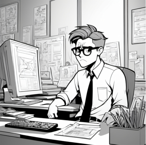 boy, sitting in the office and working, wearing glasses, with angry face, and yelling at computer, cute pixar style, daz3d illustration, minimalist, [thick | sharpie | pencil | sketch] line art by Mr Doodle, B&W --ar 16:9