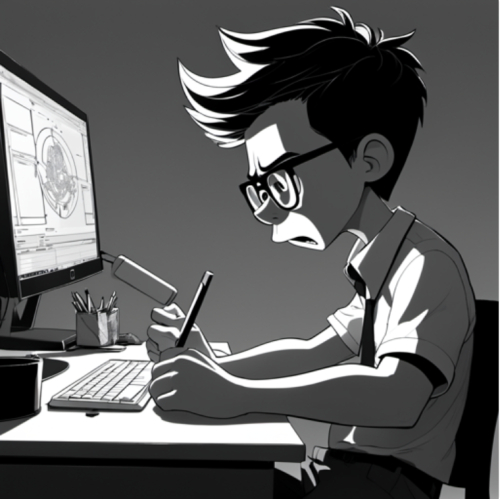 boy, sitting in the office and working, wearing glasses, with angry face, and yelling at computer, cute pixar style, daz3d illustration, minimalist, [thick | sharpie | pencil | sketch] line art by Mr Doodle, B&W --ar 16:9