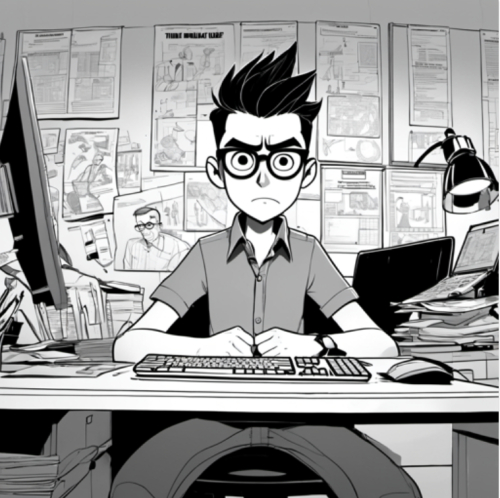 boy, sitting in the office and working, wearing glasses, with angry face, and yelling at computer, cute pixar style, daz3d illustration, minimalist, [thick | sharpie | pencil | sketch] line art by Mr Doodle, B&W --ar 16:9