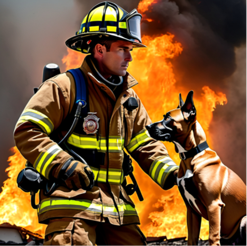 A firefighter rescuing a pet from a blaze, eyes protecting life, portrait, Canon EOS R5, f/2.0, ISO 320, 1/125 sec, heroic firefighter, fiery rescue, --ar 1:1 --v 5.2 --style raw