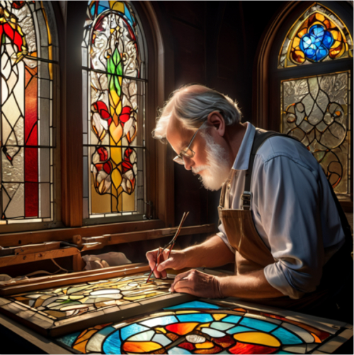 A stained glass artist crafting a masterpiece, eyes illuminating art, portrait, Olympus PEN-F, f/1.8, ISO 400, 1/60 sec, glass artisan, colorful brilliance, --ar 1:1 --v 5.2 --style raw