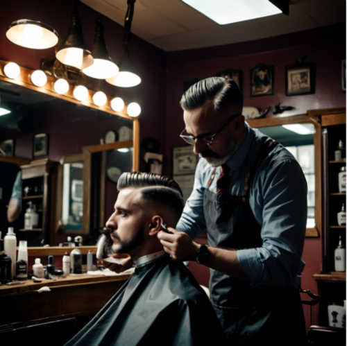 A barber giving a classic shave, eyes embodying the art of grooming, portrait, Fujifilm X-Pro3, f/1.8, ISO 400, 1/60 sec, grooming artist, vintage barber shop, --ar 1:1 --v 5.2 --style raw