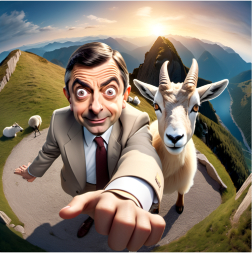 Fisheye lens of a selfie of Mr Bean with a mountain goat in the background, night,hyper realistic. Still film,Mr Bean and a cute deer is standing looking at the camera, high angle, shot from above, worm eye fisheye view macro lens., photo, cinematic