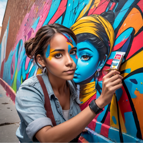 A street artist painting a mural, eyes filled with creative expression, portrait, Panasonic Lumix S5, f/1.8, ISO 400, 1/60 sec, urban creativity, vibrant colors, --ar 1:1 --v 5.2