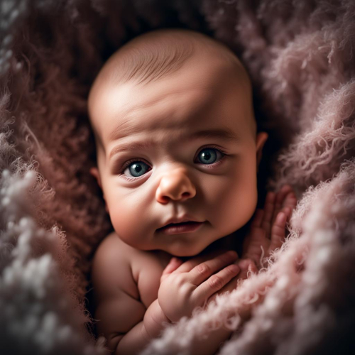 A newborn baby, eyes filled with innocence and wonder, portrait, Canon EOS R5, f/2.0, ISO 320, 1/125 sec, soft lighting, pure innocence, --ar 1:1 --v 5.2 --style raw