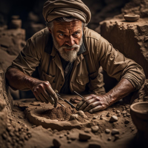 An archaeologist unearthing ancient artifacts, eyes discovering history, portrait, Fujifilm X-T4, f/2.0, ISO 320, 1/125 sec, archaeological insight, earthy tones, --ar 1:1 --v 5.2 --style raw