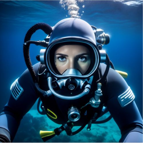 A deep-sea diver resurfacing, eyes holding the mysteries of the ocean, portrait, Sony Alpha A7R IV, f/2.8, ISO 400, 1/200 sec, underwater explorer, deep blue hues, --ar 1:1 --v 5.2 --style raw