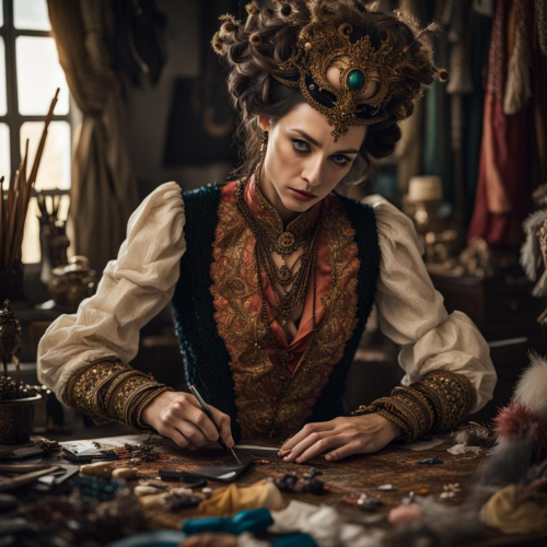 A costume designer crafting elaborate attire, eyes defining character, portrait, Fujifilm X-Pro3, f/1.8, ISO 400, 1/60 sec, costume creator, theatrical flair, --ar 1:1 --v 5.2 --style raw