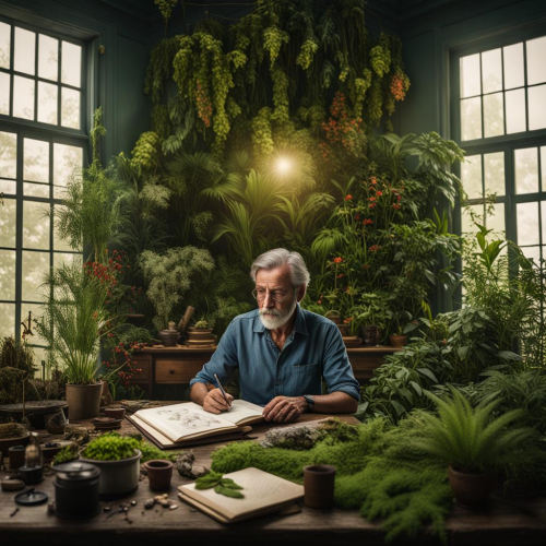 A botanist studying rare plants, eyes preserving biodiversity, portrait, Sony Alpha A7R IV, f/2.0, ISO 320, 1/125 sec, botanical explorer, lush greenery, --ar 1:1 --v 5.2 --style raw