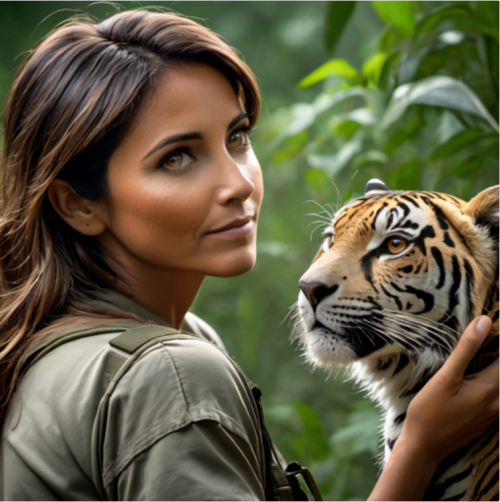 A wildlife conservationist with a rescued animal, eyes saving species, portrait, Sony Alpha A7R IV, f/2.8, ISO 400, 1/125 sec, conservation hero, wildlife connection, --ar 1:1 --v 5.2 --style raw