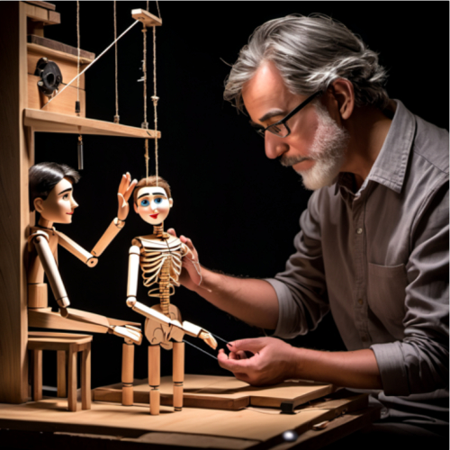 A puppeteer animating marionettes, eyes breathing life into wood, portrait, Nikon D850, f/1.8, ISO 320, 1/160 sec, puppet master, theatrical magic, --ar 1:1 --v 5.2 --style raw