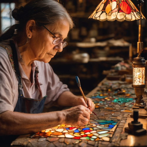 A stained glass artist crafting a masterpiece, eyes illuminating art, portrait, Olympus PEN-F, f/1.8, ISO 400, 1/60 sec, glass artisan, colorful brilliance, --ar 1:1 --v 5.2 --style raw